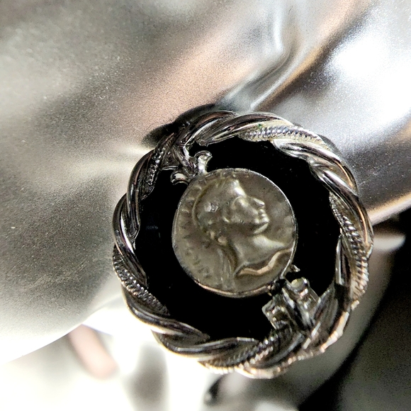 Classic Greek Roman coin silver and blue round button posts pierced earrings - Picture 4 of 7